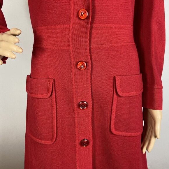 Vtg 60s 70s Knit Wool Dress Sz M Full Front Button Up Pockets Red - Picture 4 of 14